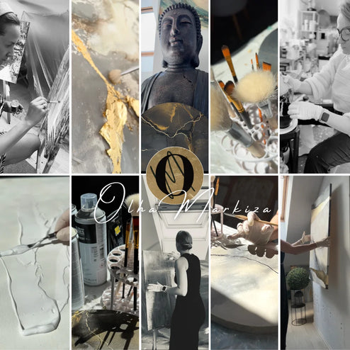 Collage of various scenes including a person working with gold leaf, a Buddha statue, a person at a bar, and a logo.
