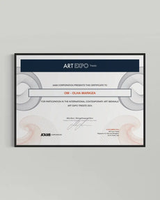 Framed certificate from Art Expo Trieste on a gray background
