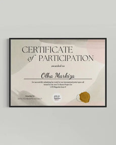 Framed certificate of participation with a seal on a light gray background