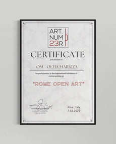 Framed certificate from 'Art Num 23R' with details of an art exhibition in Rome, Italy.